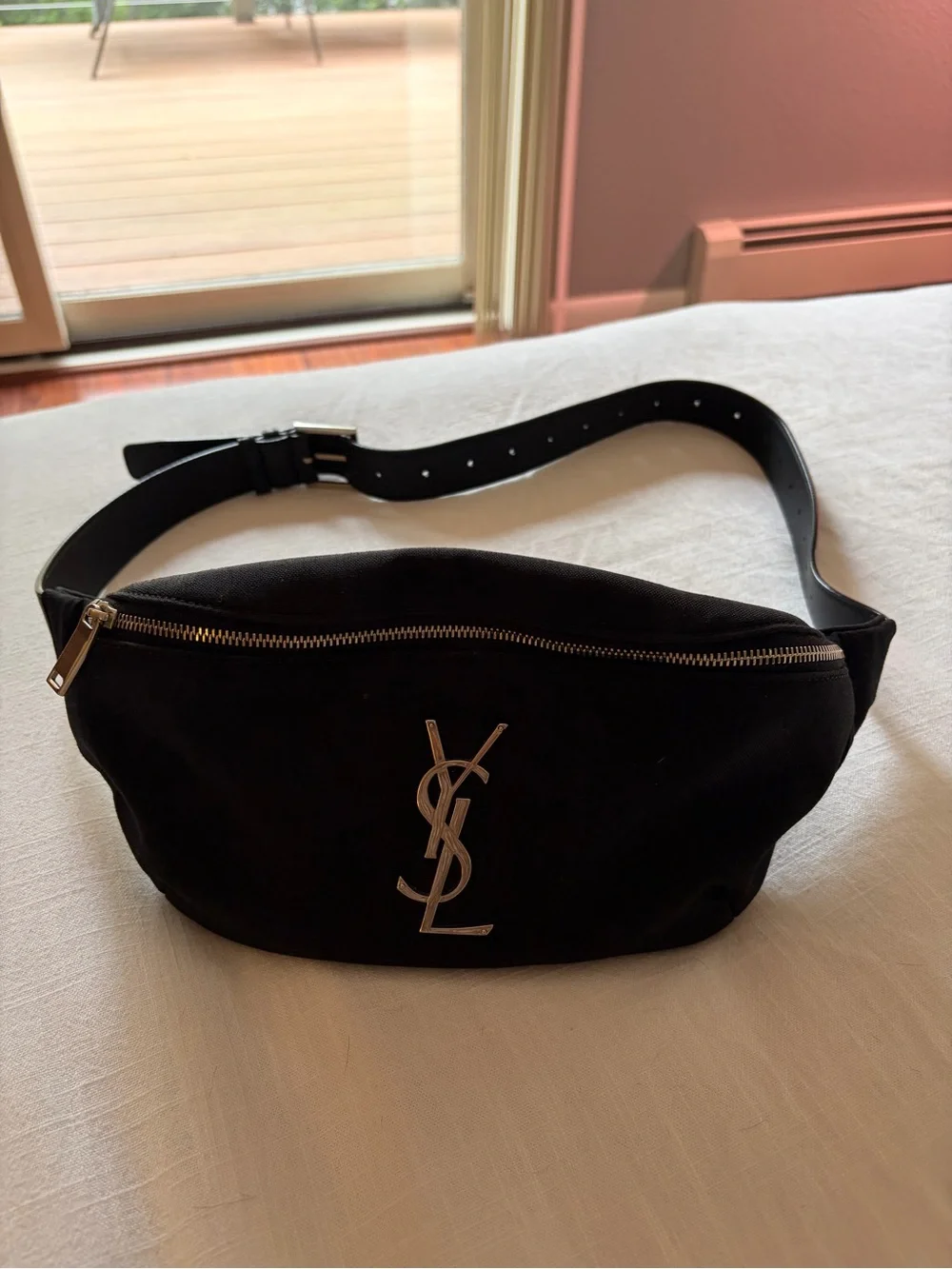 Saint Laurent Black Cloth Crossbody/Belt Bag with Silver YSL Logo
